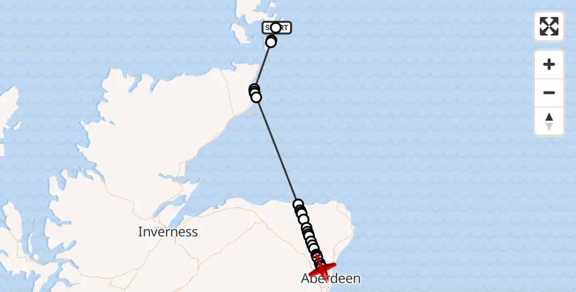 Flight path map showing Air Ambulance Aircraft route from Toab to Aberdeen City