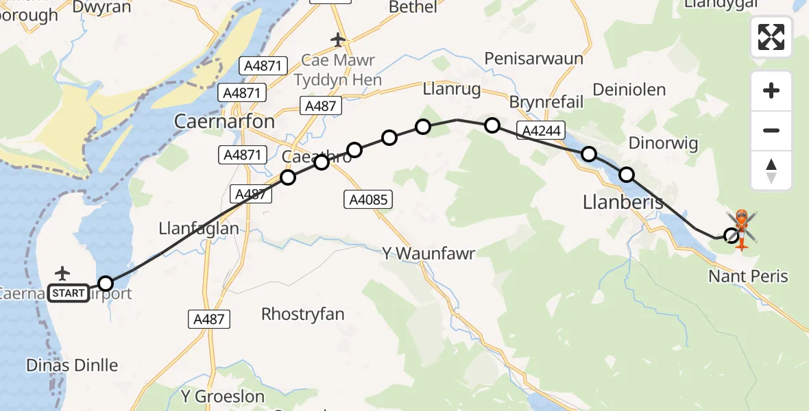 Flight path map showing Coastguard Helicopter route from Caernarfon Airport to Nant Peris