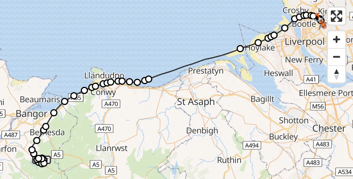 Flight path map showing Coastguard Helicopter route from Nant Peris to Liverpool