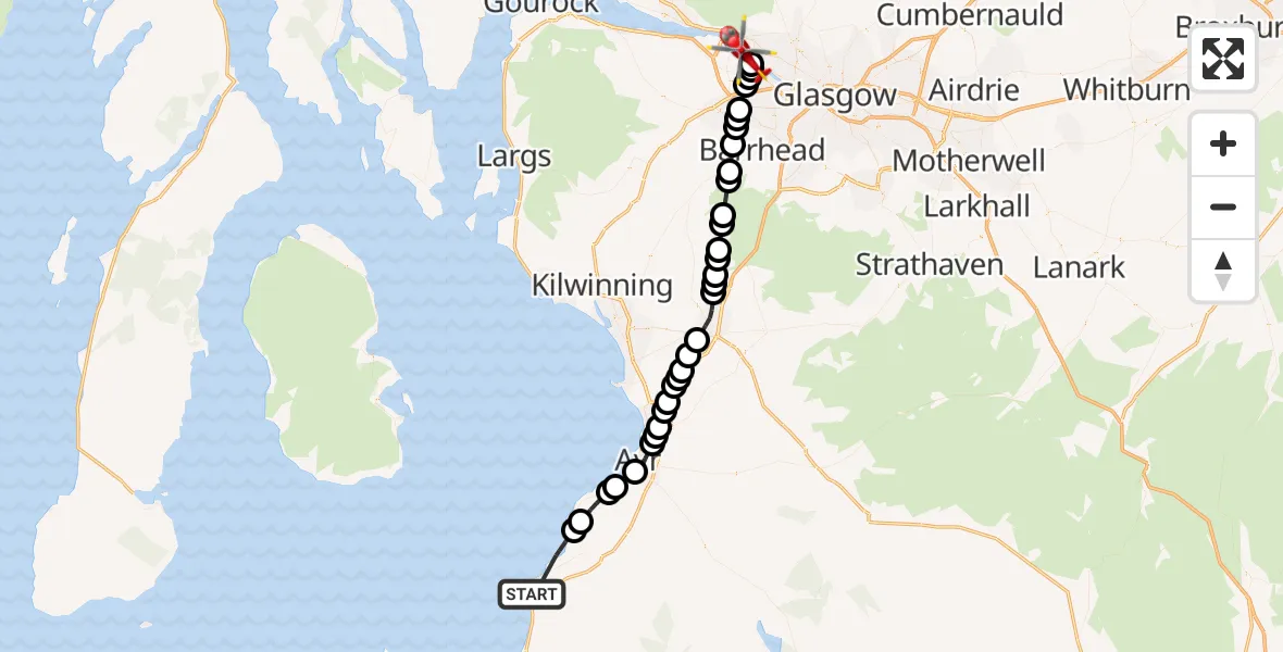 Flight path map showing Air Ambulance Helicopter route from Inner Seas to Clydebank