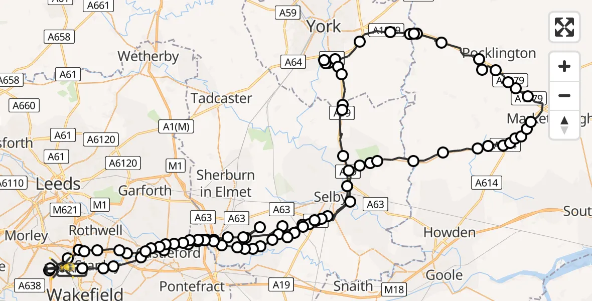 Flight path map showing Police Helicopter route from Wrenthorpe to East Ardsley