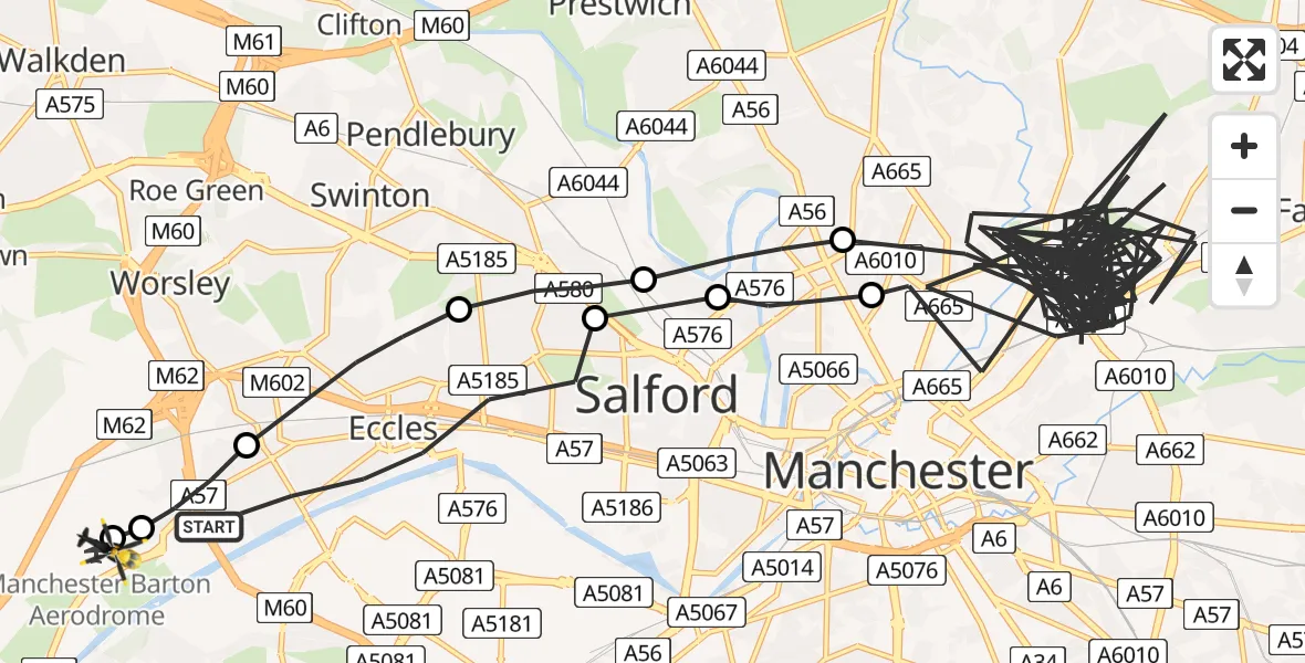 Flight path map showing Police Helicopter route from Eccles to Manchester Barton Aerodrome