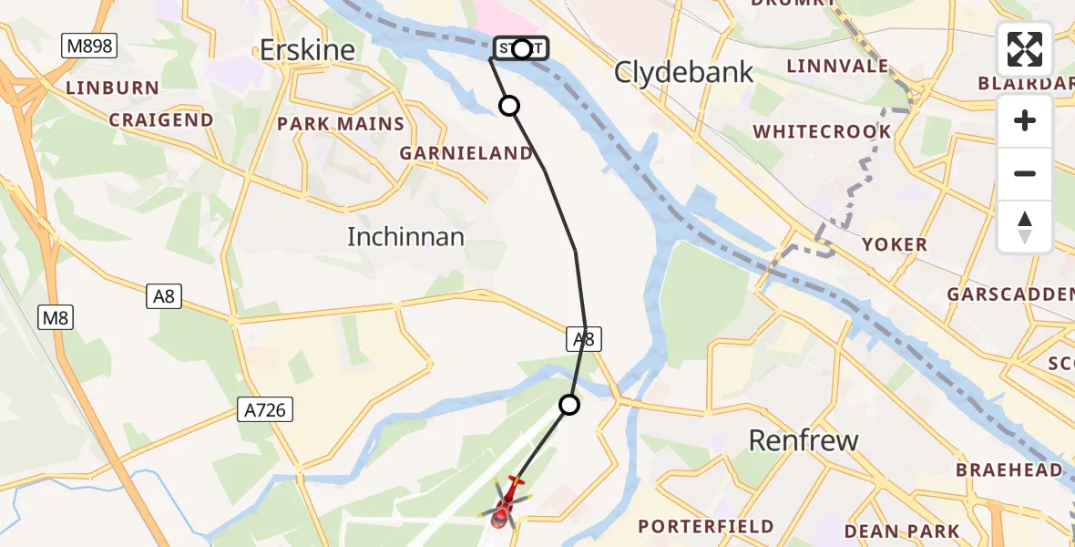 Flight path map showing Air Ambulance Helicopter route from Golden Jubilee Hospital to Glasgow Airport