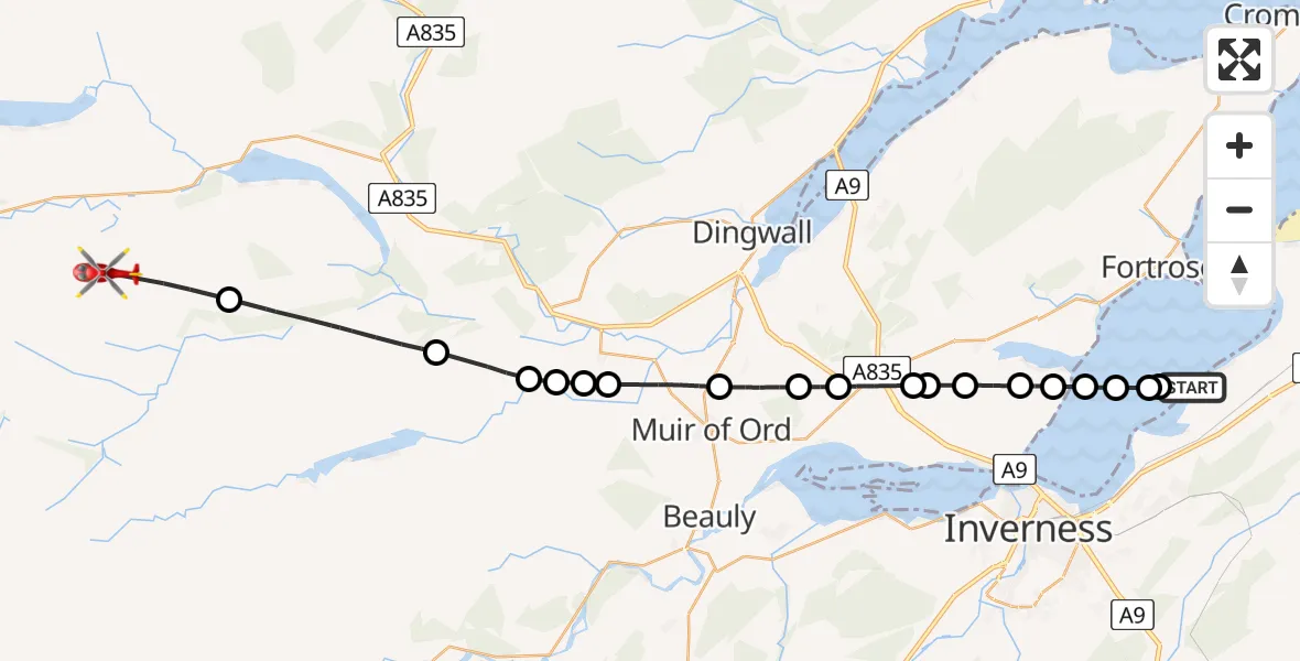 Flight path map showing Air Ambulance Helicopter route from Inverness to Dalnacroich