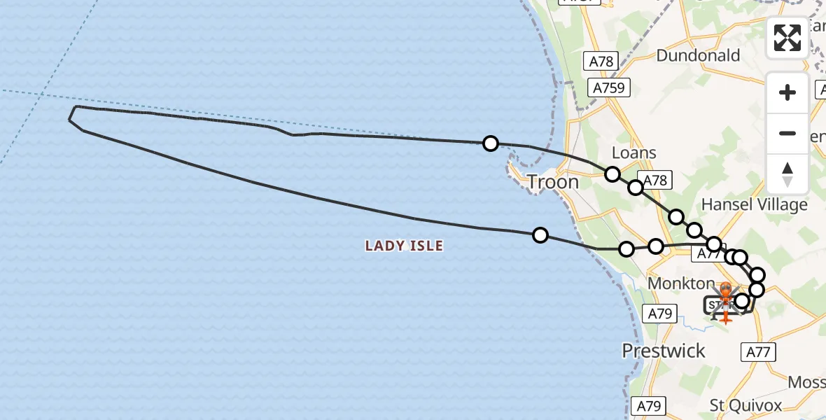 Flight path map showing Coastguard Helicopter route from Glasgow Prestwick Airport to Glasgow Prestwick Airport