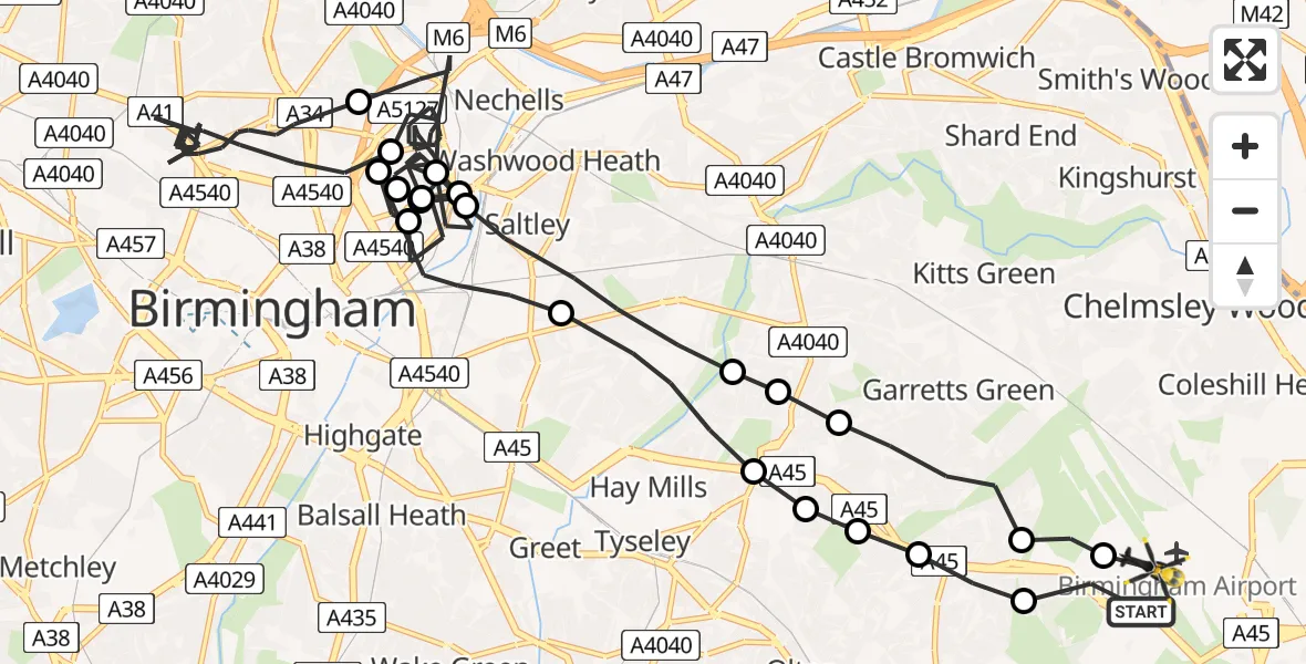 Flight route Police Helicopter Birmingham Airport - Birmingham Airport, 08 March 2026, 18:23
