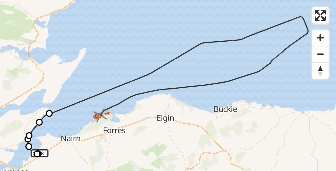 Flight path map showing Coastguard Helicopter route from Inverness Airport to North Sea
