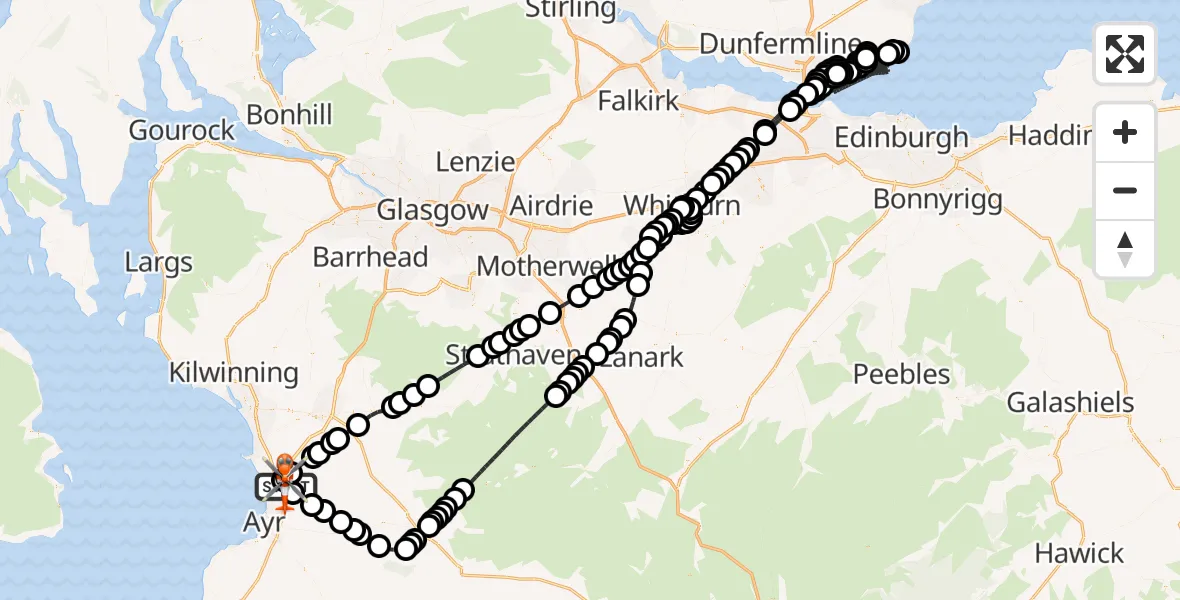 Flight path map showing Coastguard Helicopter route from Glasgow Prestwick Airport to Glasgow Prestwick Airport