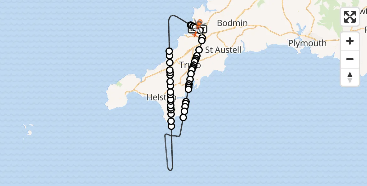 Flight path map showing Coastguard Helicopter route from Cornwall Airport Newquay to Cornwall Airport Newquay