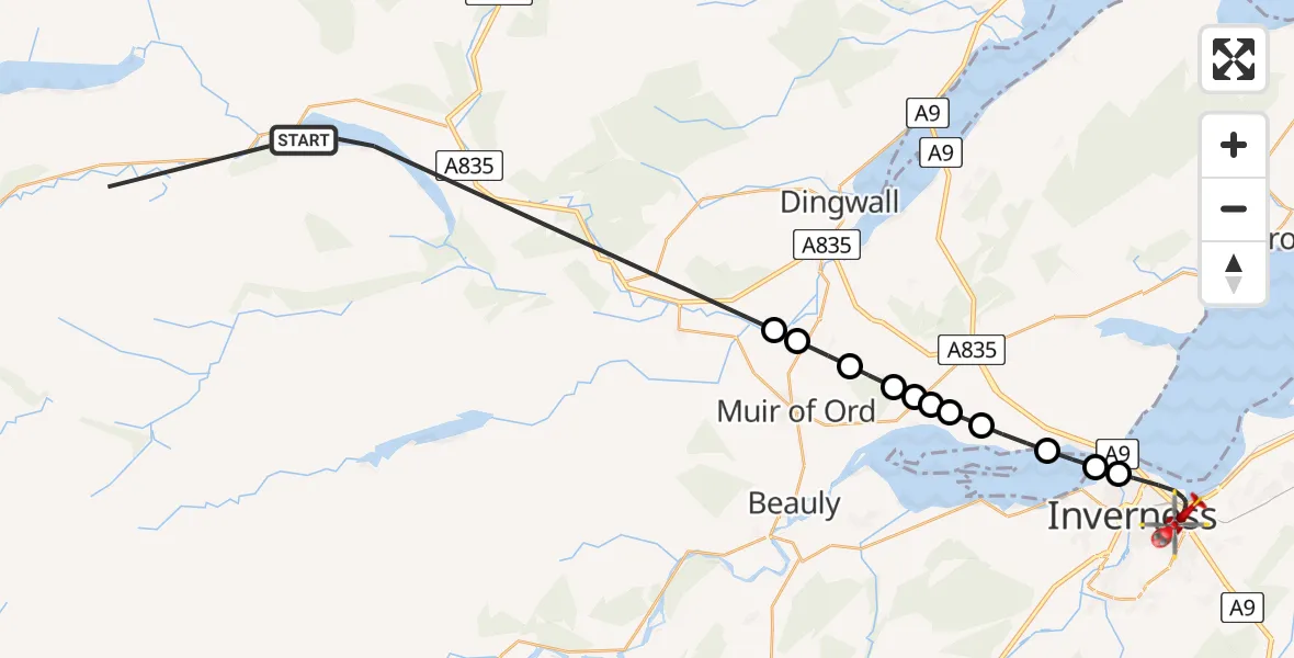Flight path map showing Air Ambulance Helicopter route from Loch Luichart to Inverness
