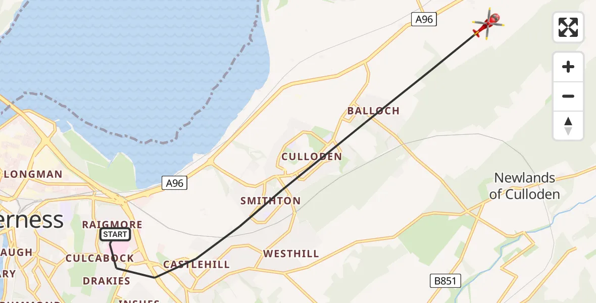 Flight path map showing Air Ambulance Helicopter route from Inverness to Inverness