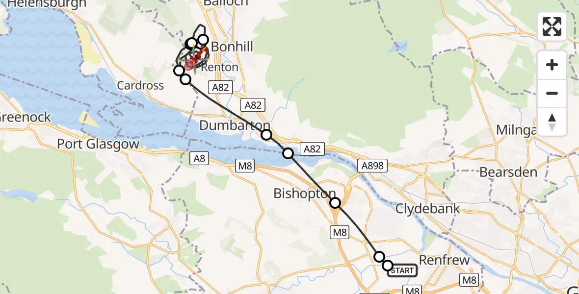 Flight path map showing Air Ambulance Helicopter route from Glasgow Airport to Renton