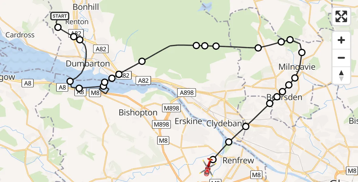 Flight path map showing Air Ambulance Helicopter route from Renton to Glasgow Airport