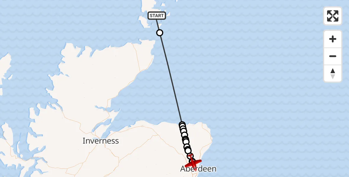 Flight path map showing Air Ambulance Aircraft route from North Atlantic Ocean to Aberdeen City