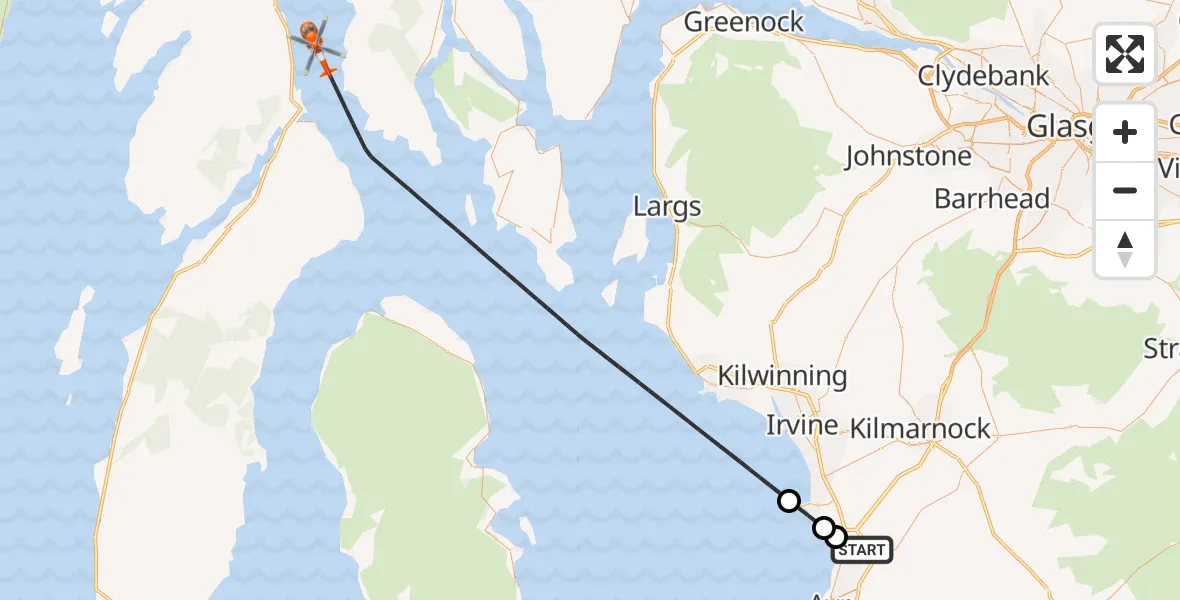 Flight path map showing Coastguard Helicopter route from Glasgow Prestwick Airport to Inner Seas