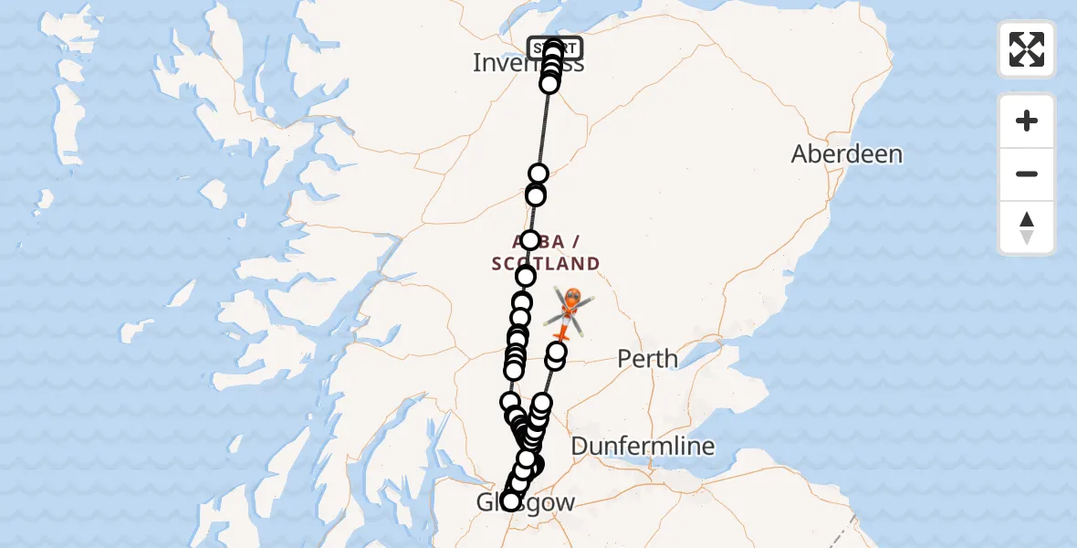 Flight path map showing Coastguard Helicopter route from Inverness Airport to Coshievachan