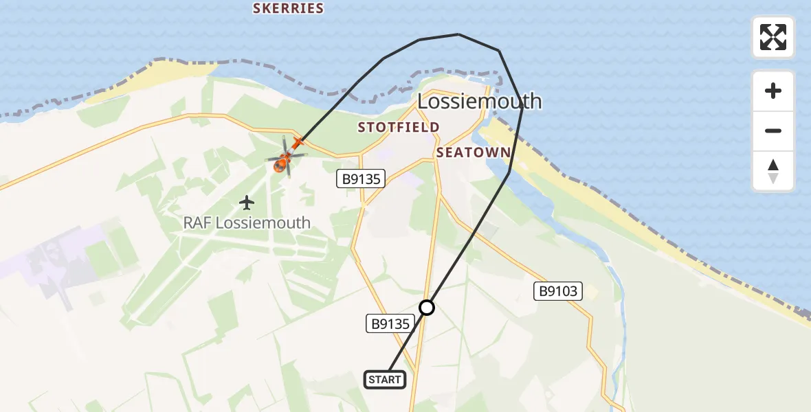 Flight path map showing Coastguard Helicopter route from Windyridge to RAF Lossiemouth