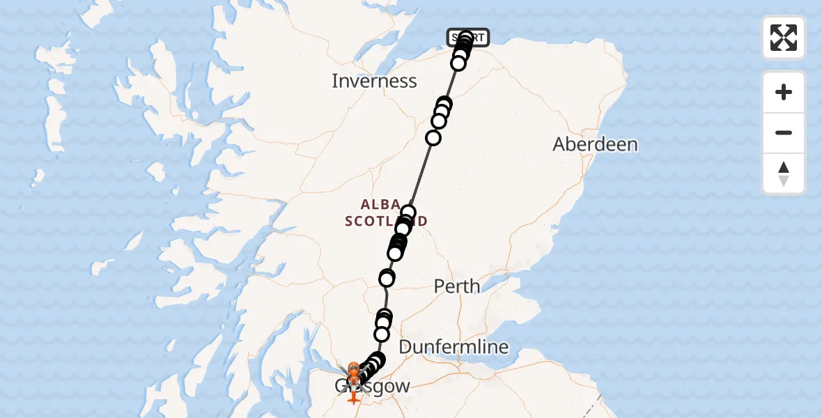 Flight path map showing Coastguard Helicopter route from RAF Lossiemouth to Glasgow Airport