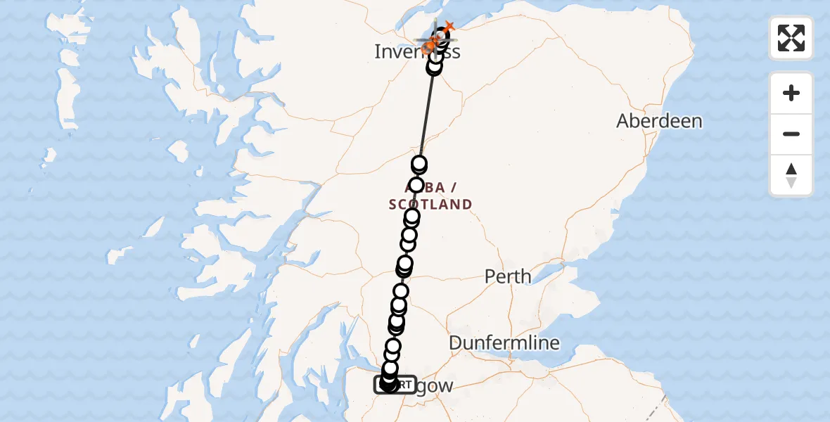 Flight path map showing Coastguard Helicopter route from Glasgow Airport to Inverness Airport