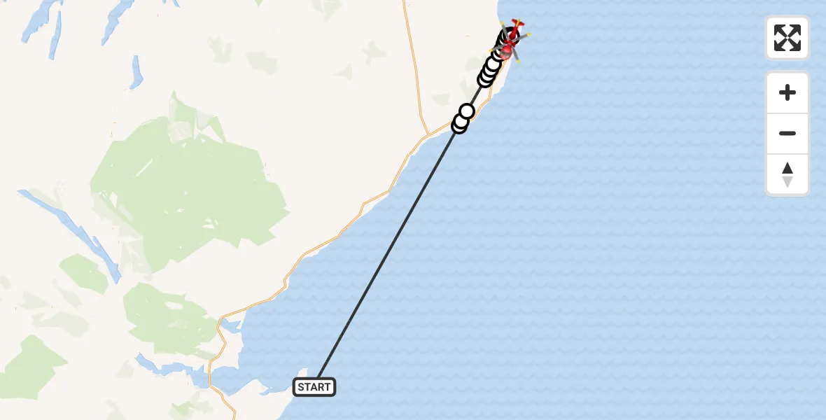 Flight path map showing Air Ambulance Helicopter route from North Sea to Wick John O'Groats Airport