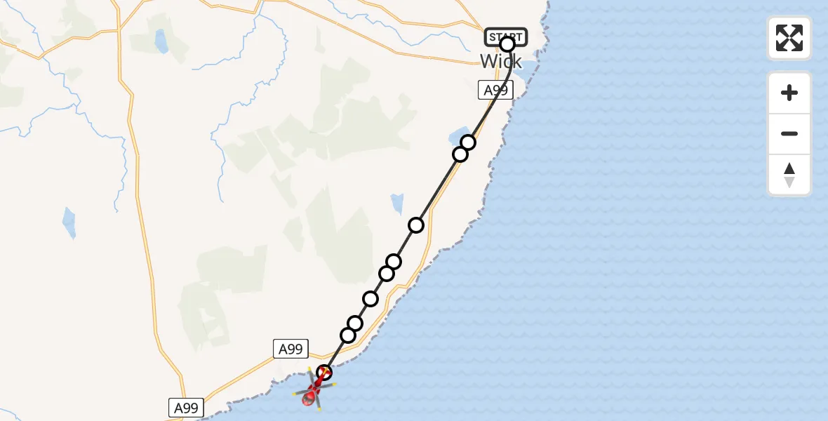 Flight path map showing Air Ambulance Helicopter route from Wick John O'Groats Airport to North Sea