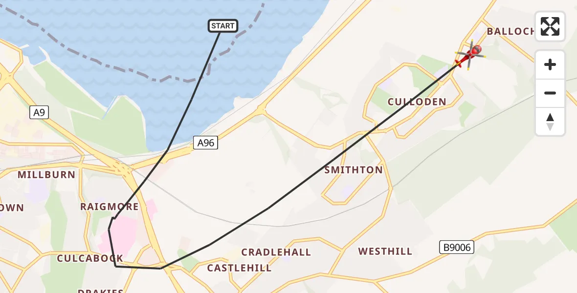 Flight path map showing Air Ambulance Helicopter route from Inverness to Inverness
