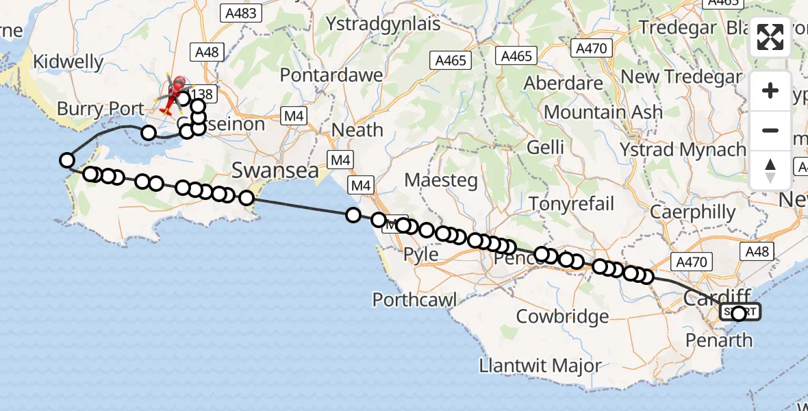 Flight path map showing Air Ambulance Helicopter route from Cardiff Heliport to Dafen