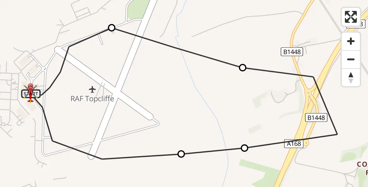 Flight path map showing Air Ambulance Helicopter route from RAF Topcliffe to RAF Topcliffe
