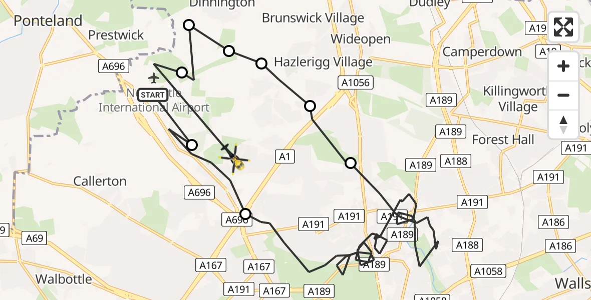 Flight path map showing Police Helicopter route from Newcastle International Airport to Newcastle upon Tyne