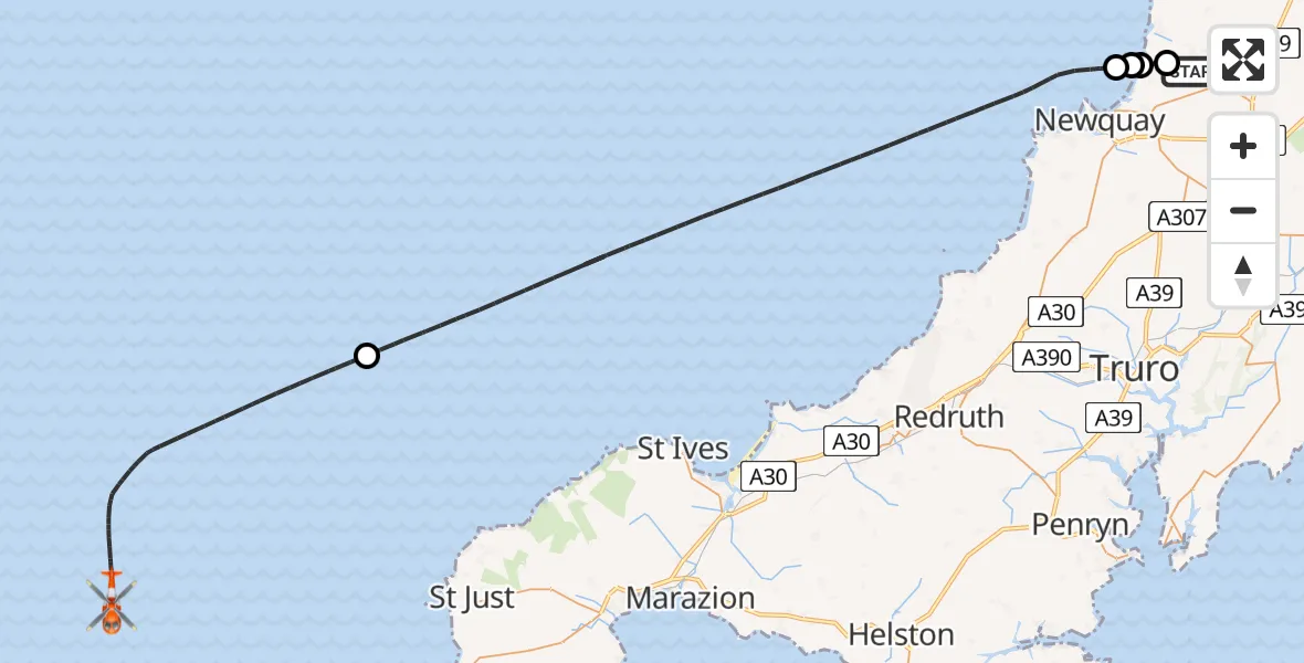 Flight path map showing Coastguard Helicopter route from Cornwall Airport Newquay to North Atlantic Ocean