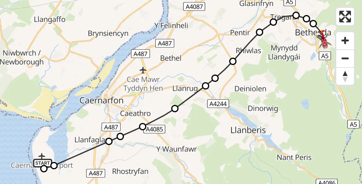 Flight path map showing Air Ambulance Helicopter route from Caernarfon Airport to Bethesda