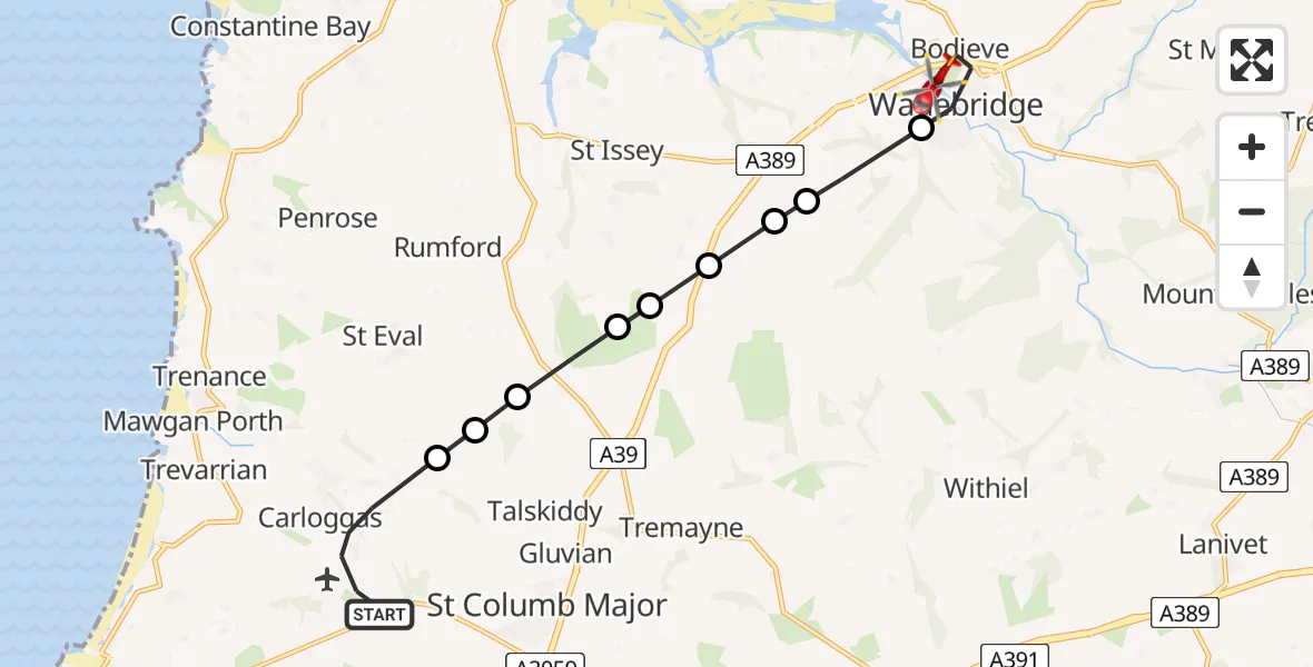 Flight path map showing Air Ambulance Helicopter route from Cornwall Airport Newquay to Bodieve
