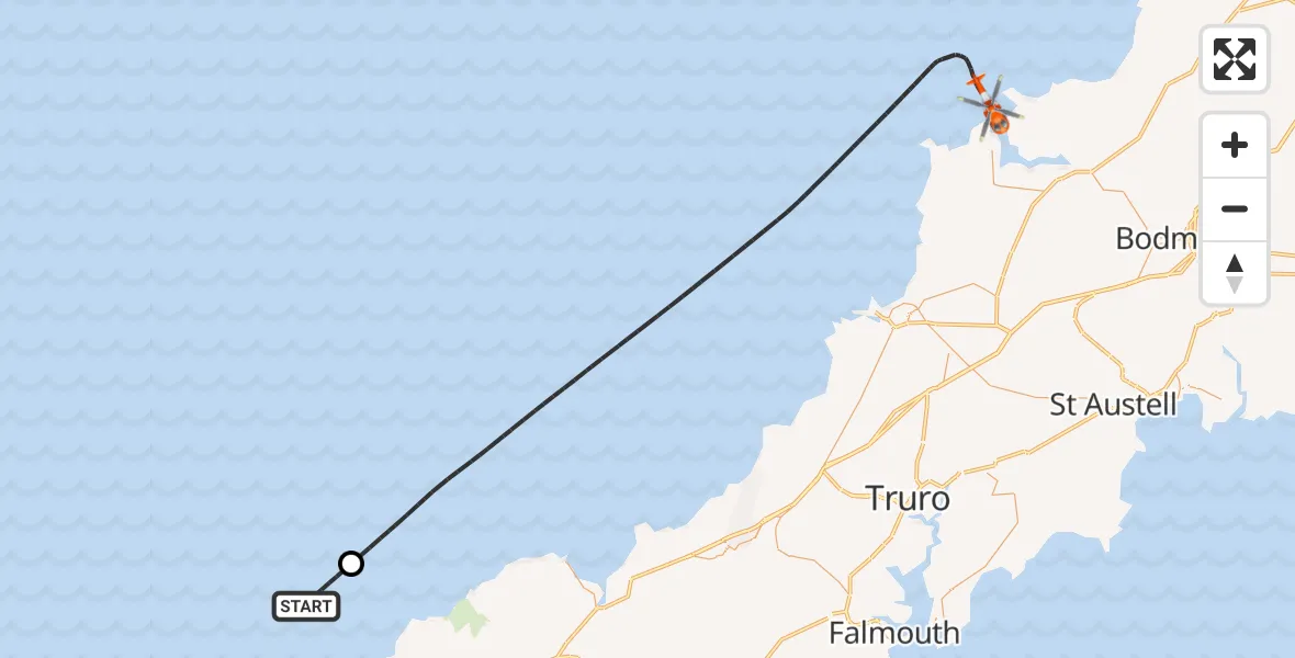 Flight path map showing Coastguard Helicopter route from North Atlantic Ocean to Trebetherick