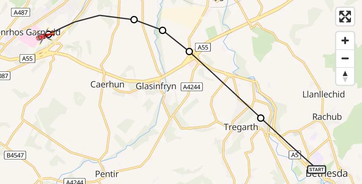Flight path map showing Air Ambulance Helicopter route from Bethesda to Penrhos Garnedd