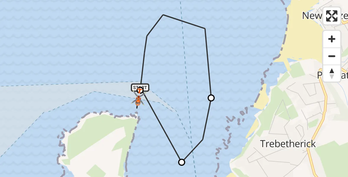 Flight path map showing Coastguard Helicopter route from Padstow to Padstow
