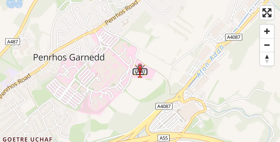 Flight path map showing Air Ambulance Helicopter route from Ysbyty Gwynedd Hospital Heliport to Ysbyty Gwynedd Hospital Heliport