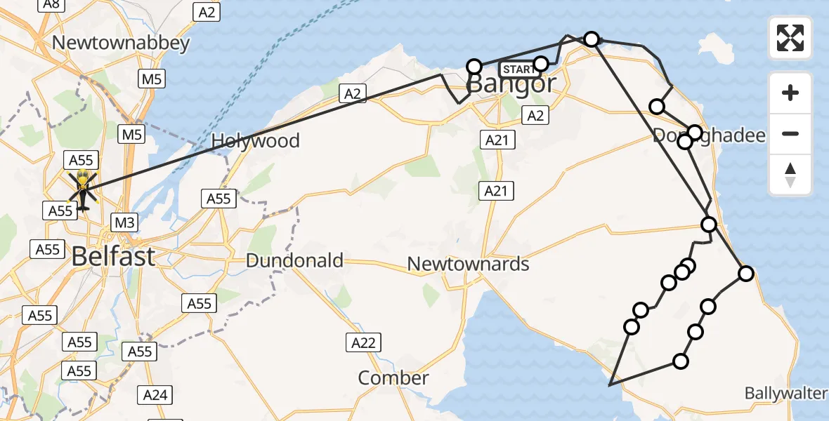 Flight path map showing Police Helicopter route from Bangor to Belfast