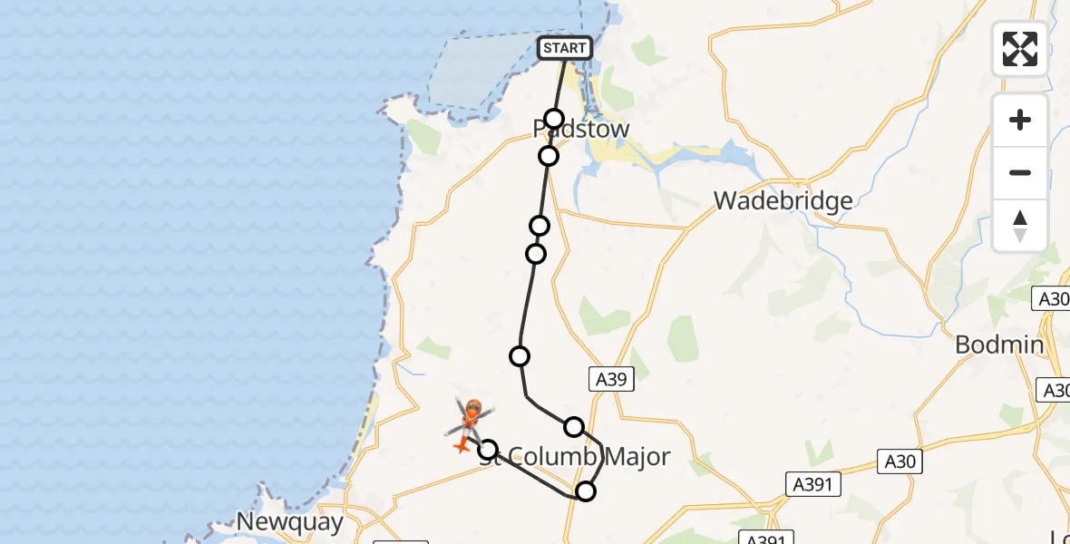 Flight path map showing Coastguard Helicopter route from Padstow to Cornwall Airport Newquay