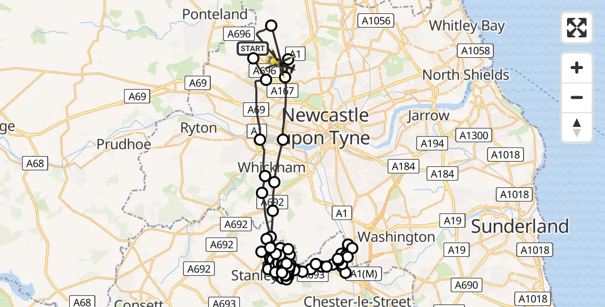 Flight path map showing Police Helicopter route from Newcastle upon Tyne to Newcastle upon Tyne