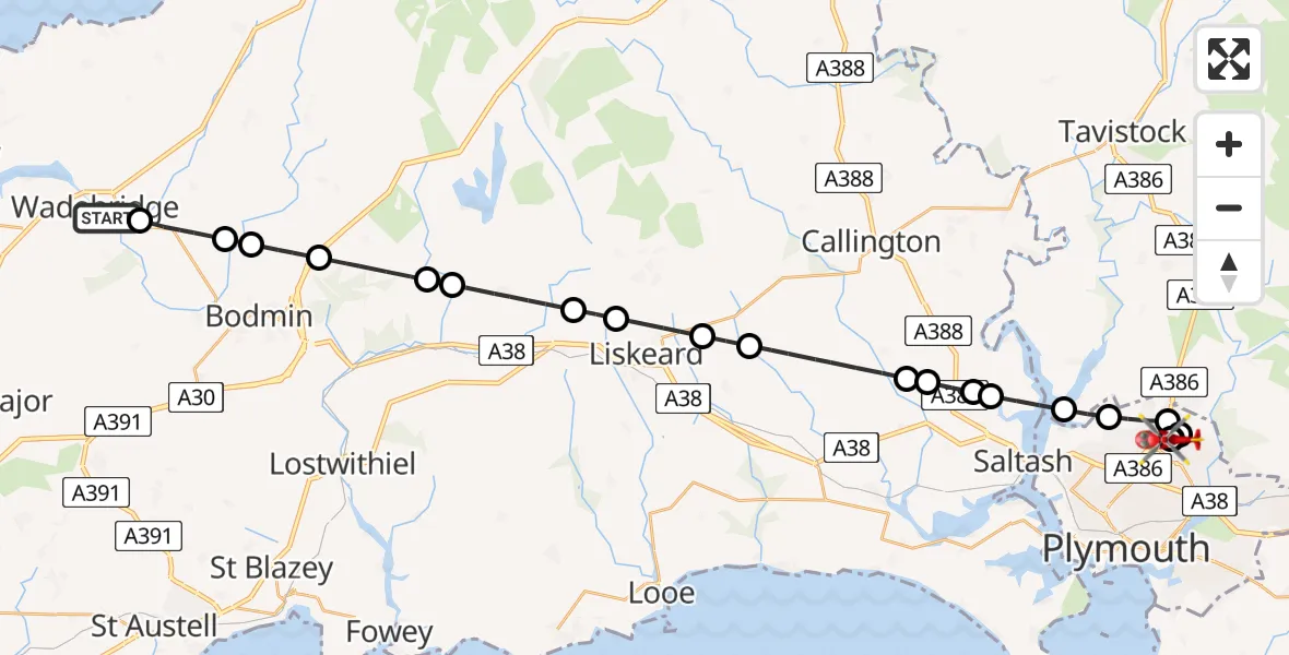 Flight path map showing Air Ambulance Helicopter route from Egloshayle to Derriford Hospital