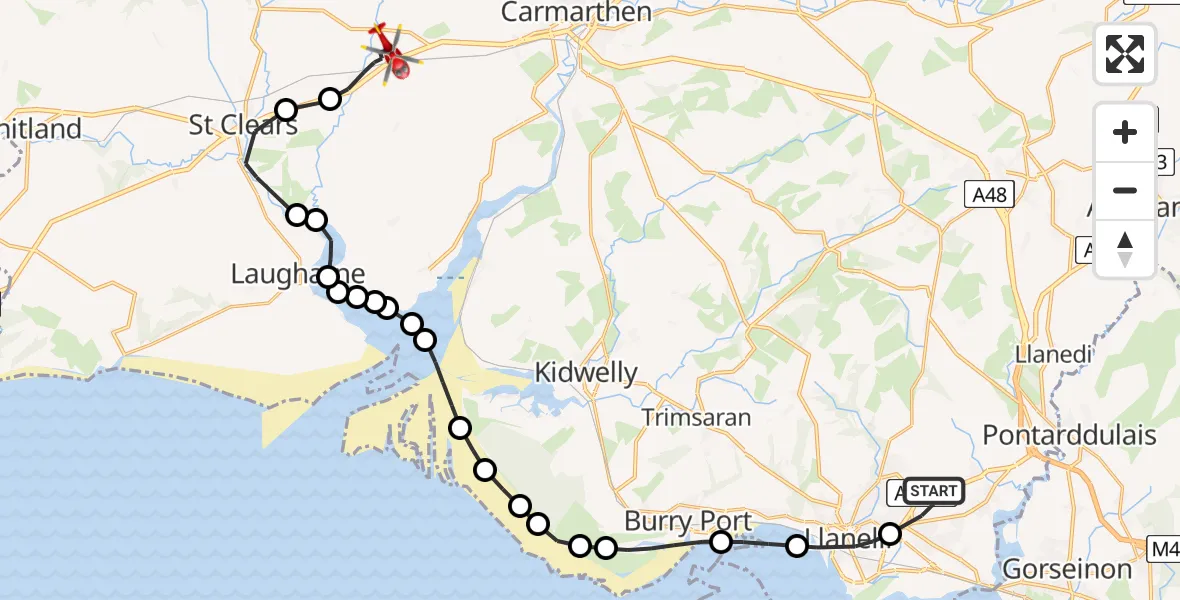Flight path map showing Air Ambulance Helicopter route from Dafen to Banc-y-felin