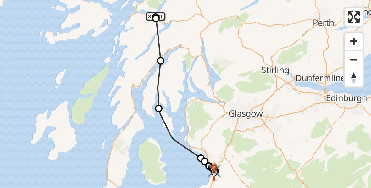 Flight path map showing Coastguard Helicopter route from Taynuilt to Glasgow Prestwick Airport