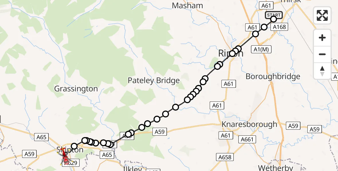 Flight path map showing Air Ambulance Helicopter route from RAF Topcliffe to Skipton