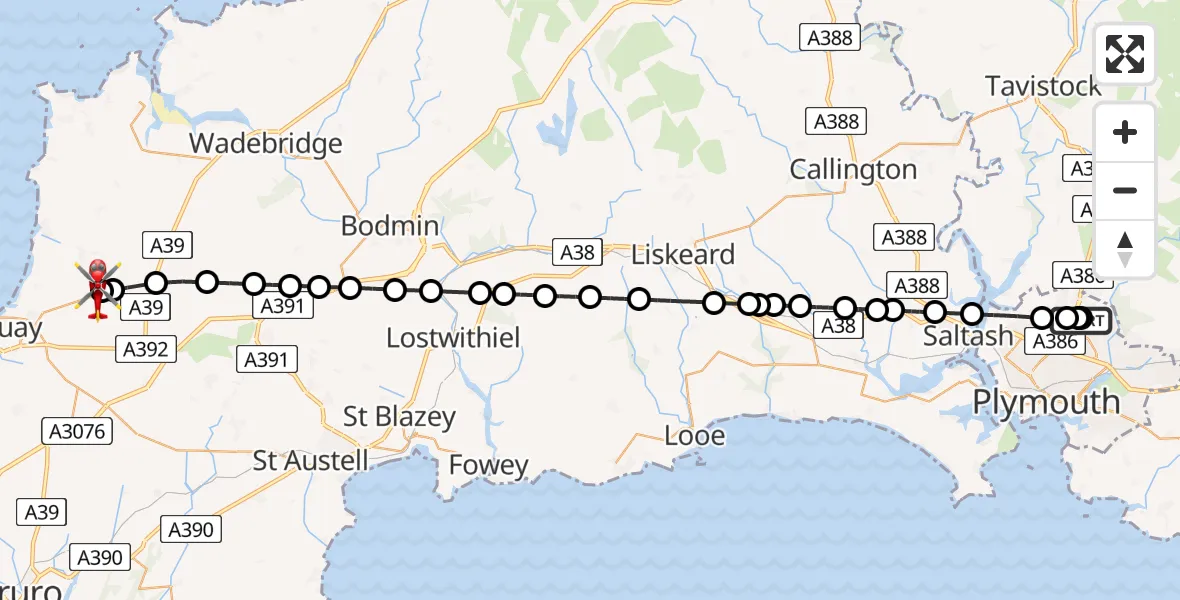 Routekaart van de vlucht: Air Ambulance Helicopter to Cornwall Airport Newquay