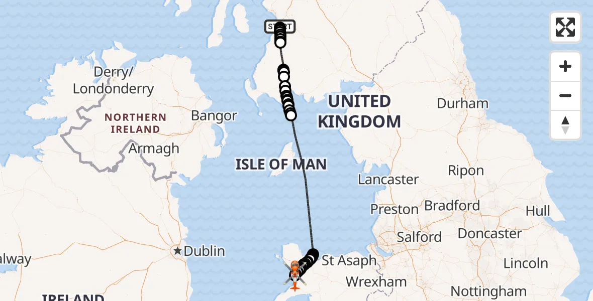 Flight path map showing Coastguard Helicopter route from Glasgow Prestwick Airport to Caernarfon Airport