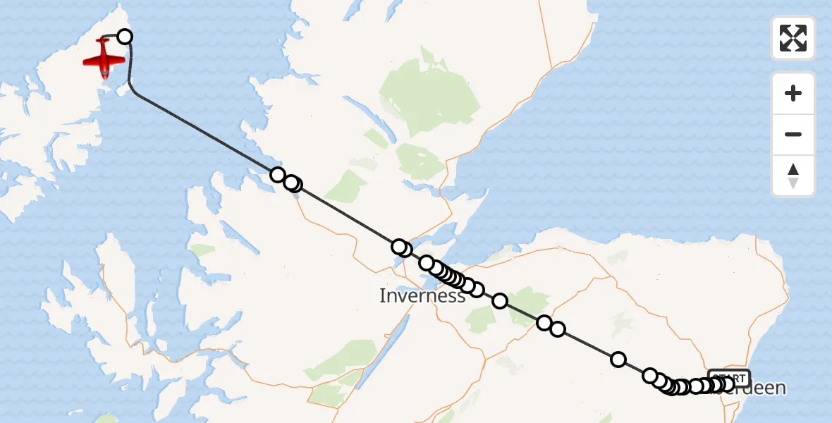 Flight path map showing Air Ambulance Aircraft route from Aberdeen City to Am Baile Ùr
