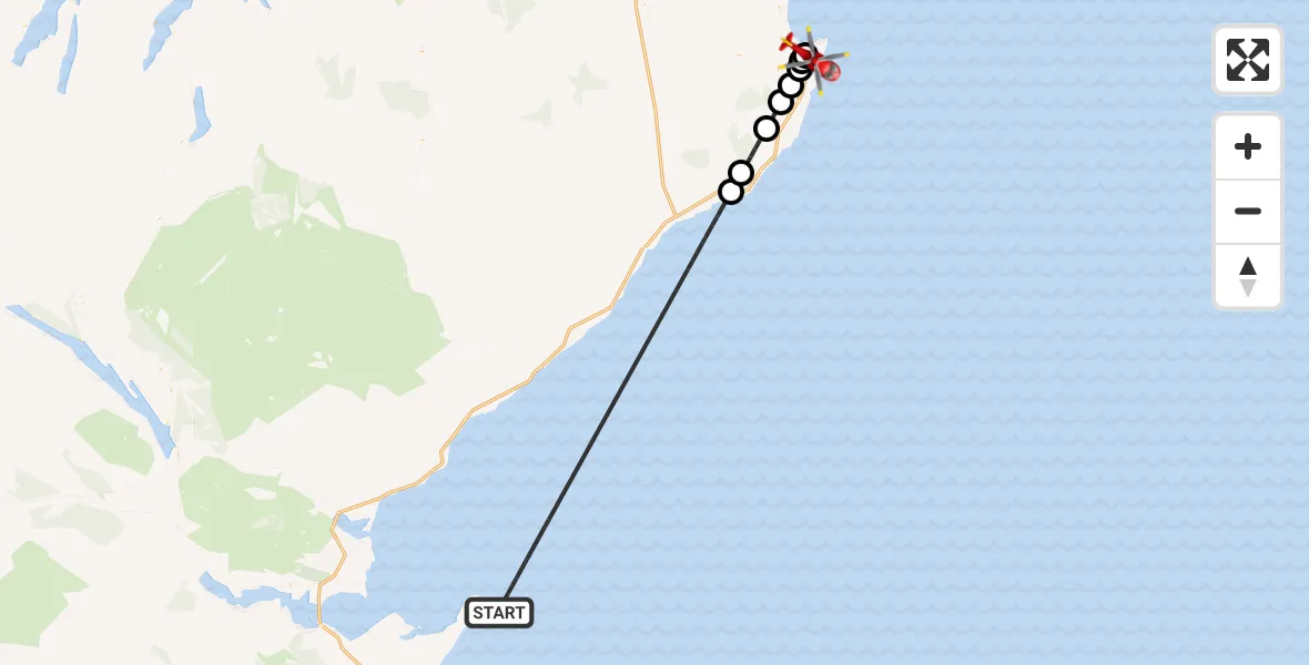 Flight path map showing Air Ambulance Helicopter route from North Sea to Wick John O'Groats Airport