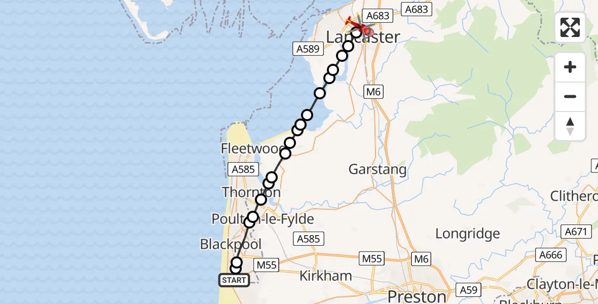 Flight path map showing Air Ambulance Helicopter route from Blackpool Airport to Lancaster