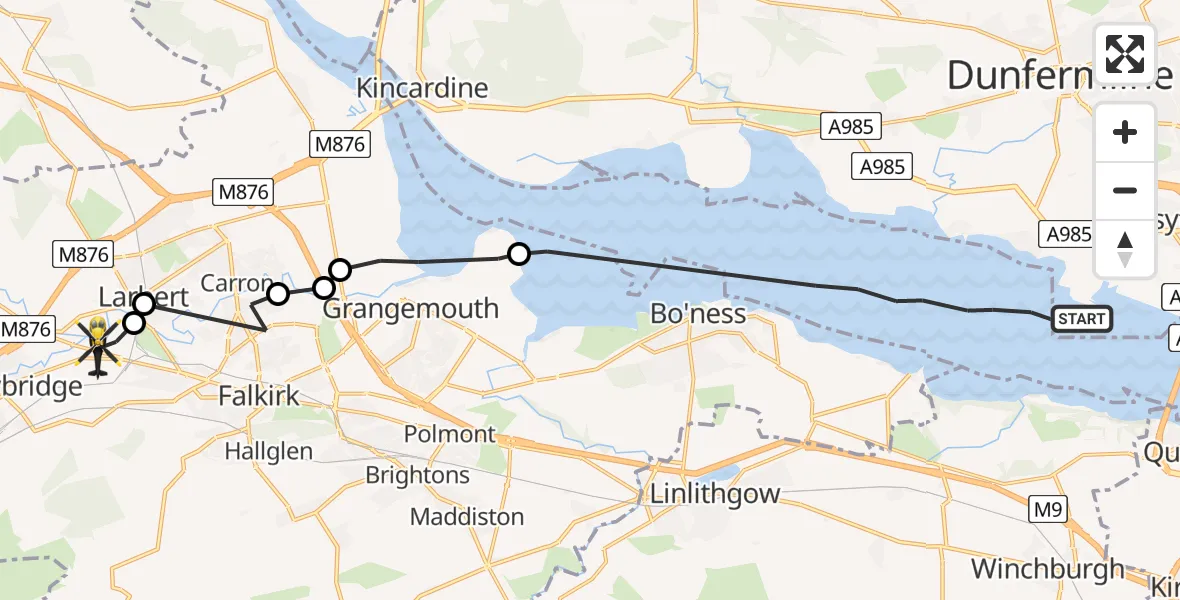 Flight path map showing Police Helicopter route from North Sea to Falkirk