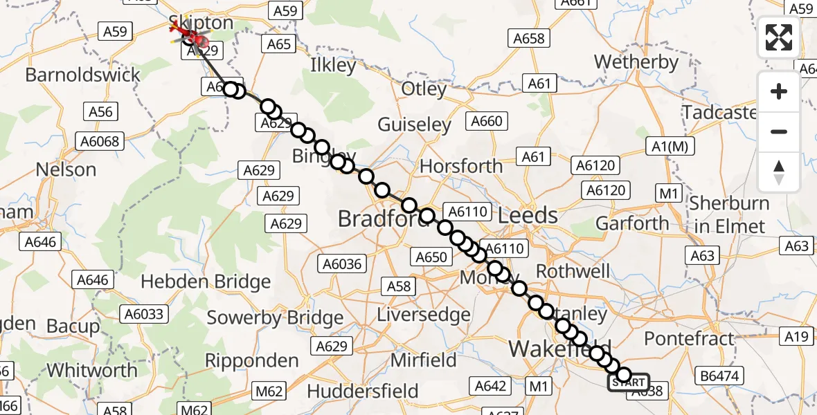 Flight path map showing Air Ambulance Helicopter route from YAA Nostell Helicopter Port to Skipton